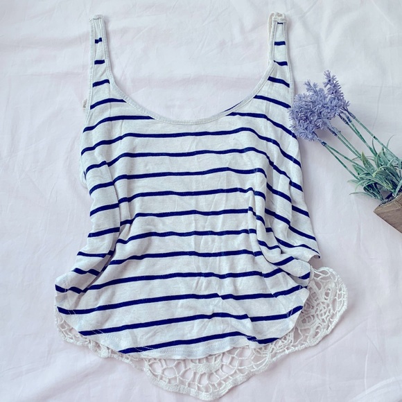 Super Flowy lace low back tank top, ivory, navy blue stripes, size M, - Picture 3 of 6